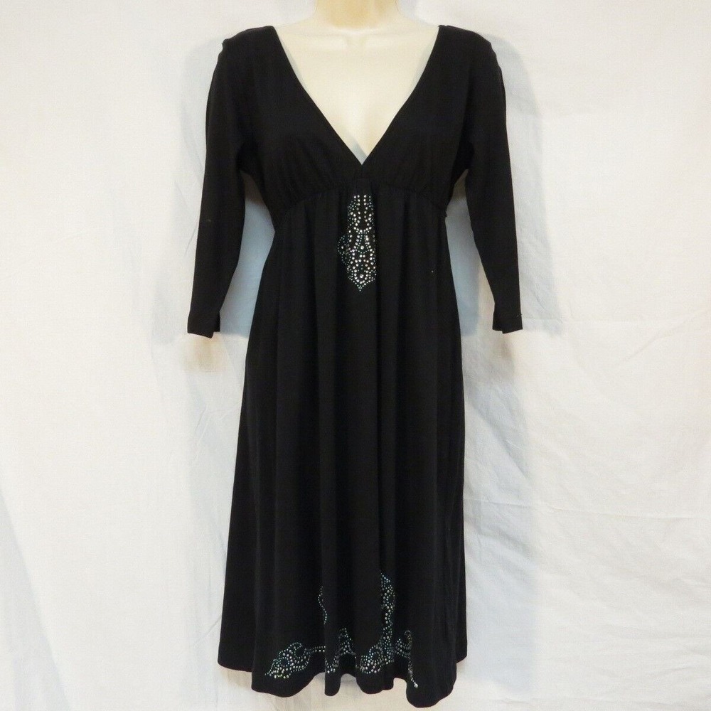 Pink Cattlelac Black Midi Dress Rhinestone Embellished V Neck 3/4 Sleeve Size M